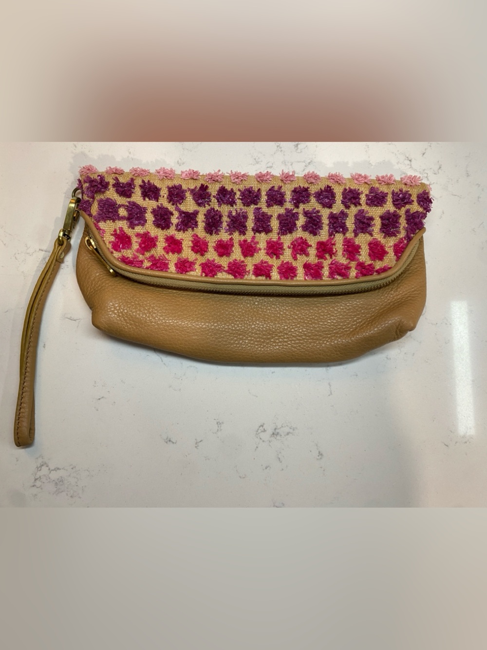 Fossil Preston Foldover Wristlet Clutch Tan Leather Pink Purple Woven Boho Pouch